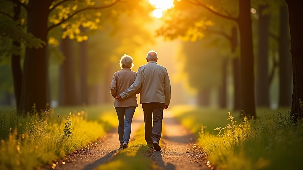 Seniori staigā pa apbrīnojamu koku alēju, skaista rudens diena