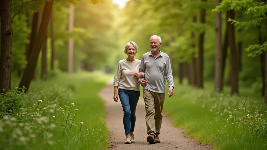 Seniori pastaigājas pa draudzīgu dabas taku, skaidrs laiks, mierīga apkārtne